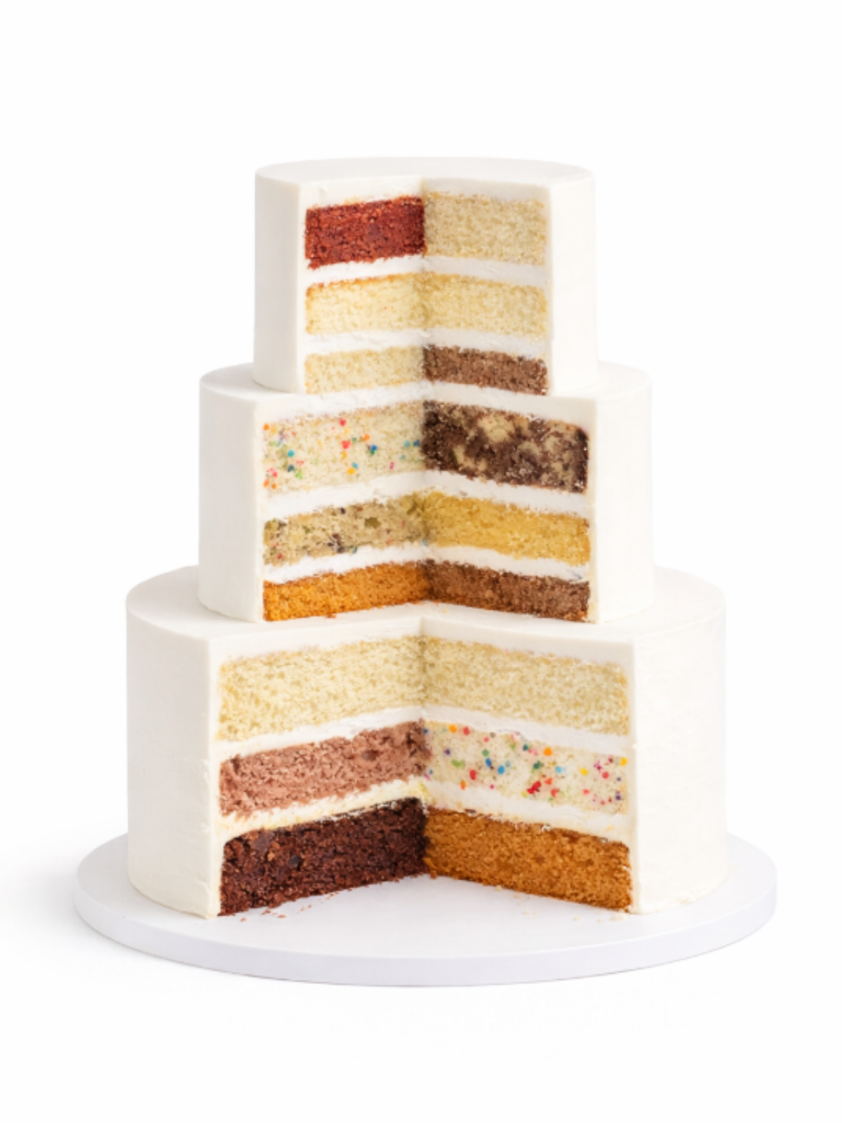 Cutaway tiered cake showing an assortment of cake flavors